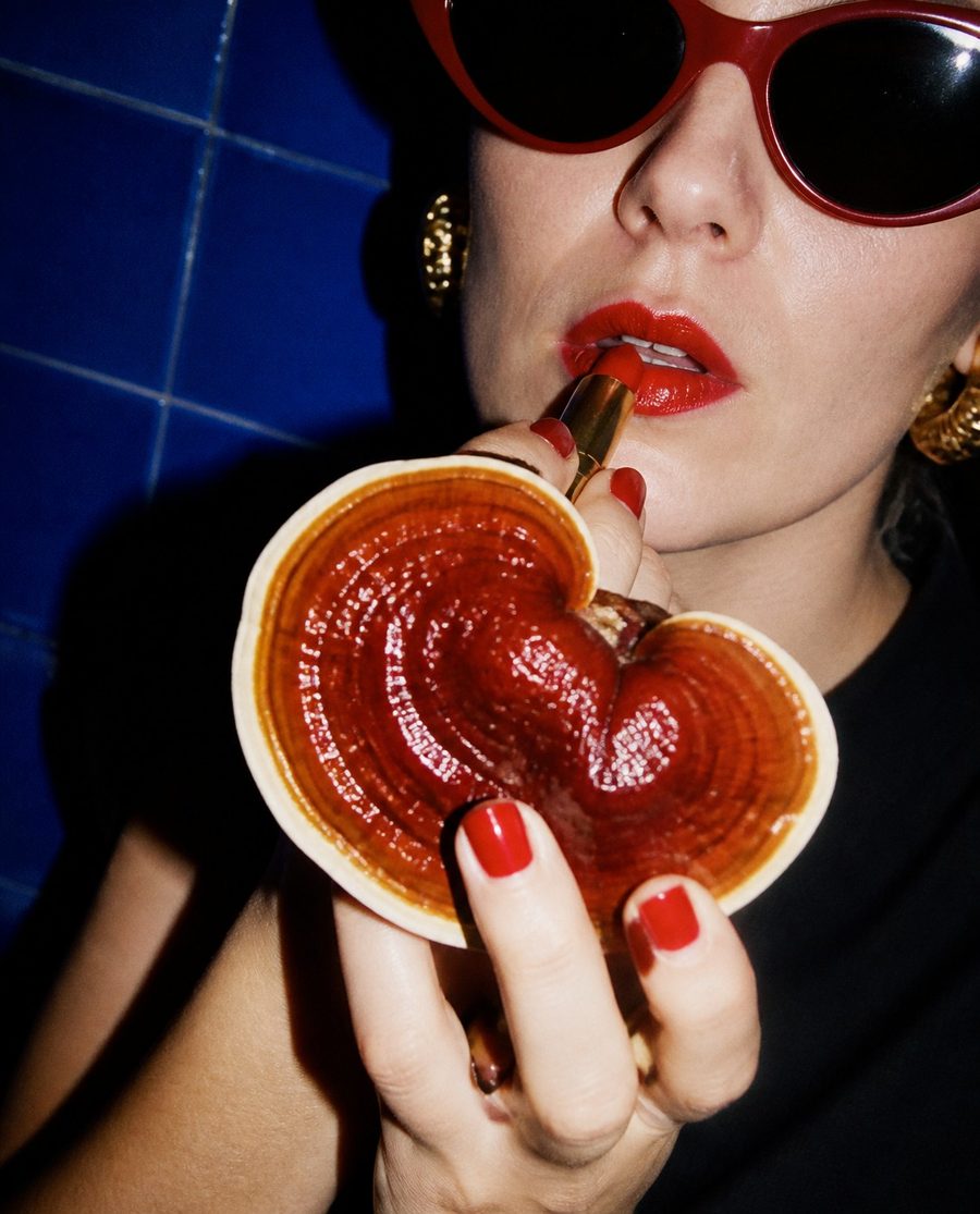 Red lipstick and a glossy red reishi mushroom
