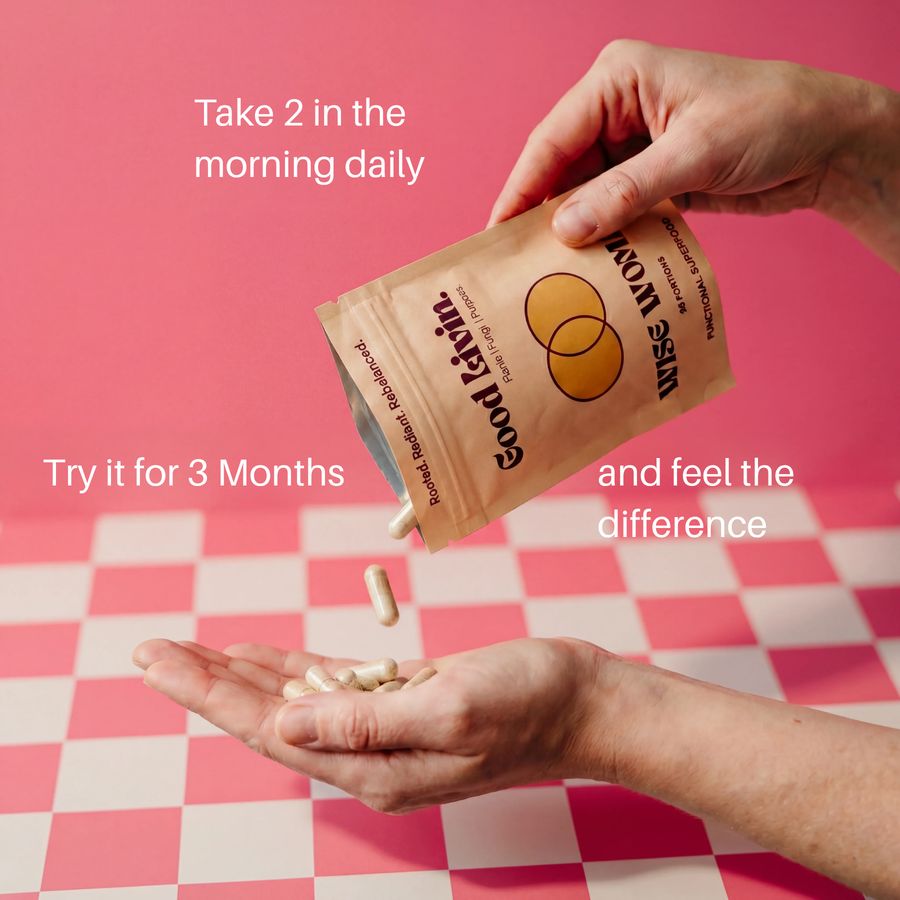 Capsules pouring from a Wise Woman bag into an open hand